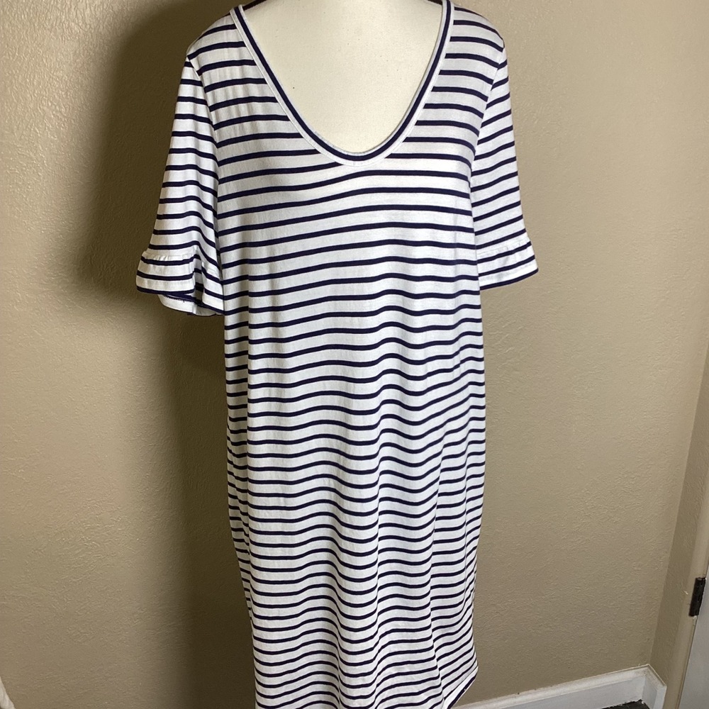 Boden Women's Navy White Striped V-Neck Ruffle Sleeve T-Shirt Dress US Size 16L